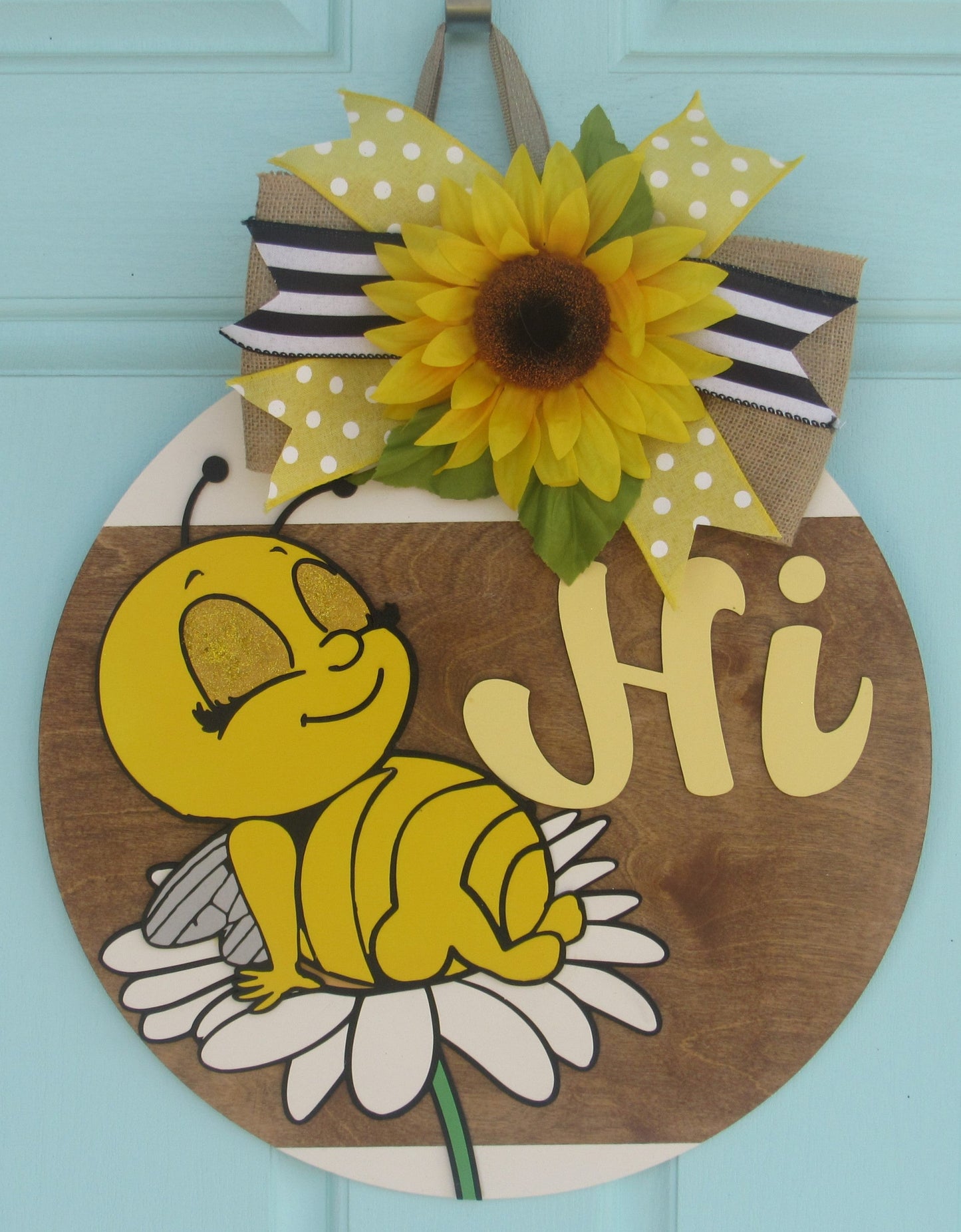 Bee Hi Wooden Door Hanger – Hand Painted 18" Round Welcome Door Sign
