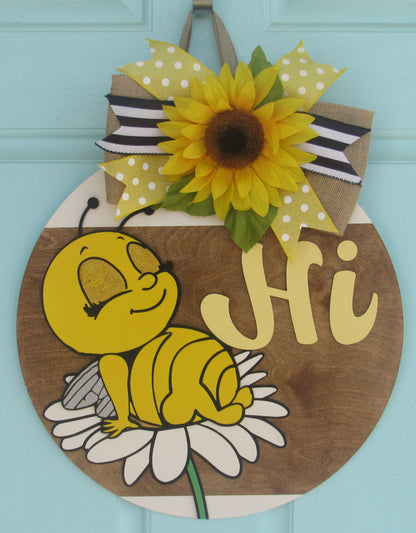 Bee Hi Wooden Door Hanger – Hand Painted 18" Round Welcome Door Sign