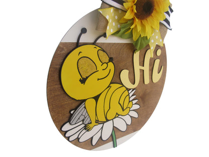 Bee Hi Wooden Door Hanger – Hand Painted 18" Round Welcome Door Sign