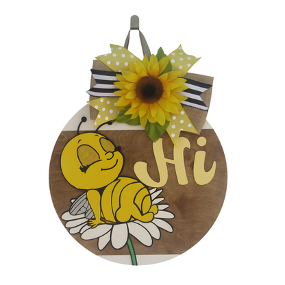 Bee Hi Wooden Door Hanger – Hand Painted 18" Round Welcome Door Sign