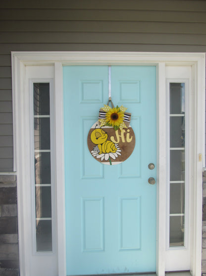 Bee Hi Wooden Door Hanger – Hand Painted 18" Round Welcome Door Sign