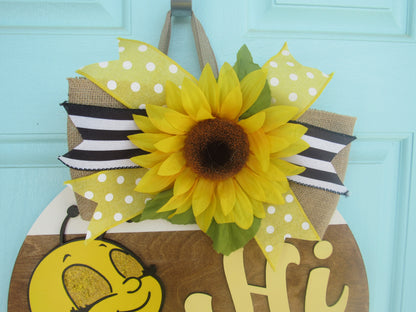 Bee Hi Wooden Door Hanger – Hand Painted 18" Round Welcome Door Sign