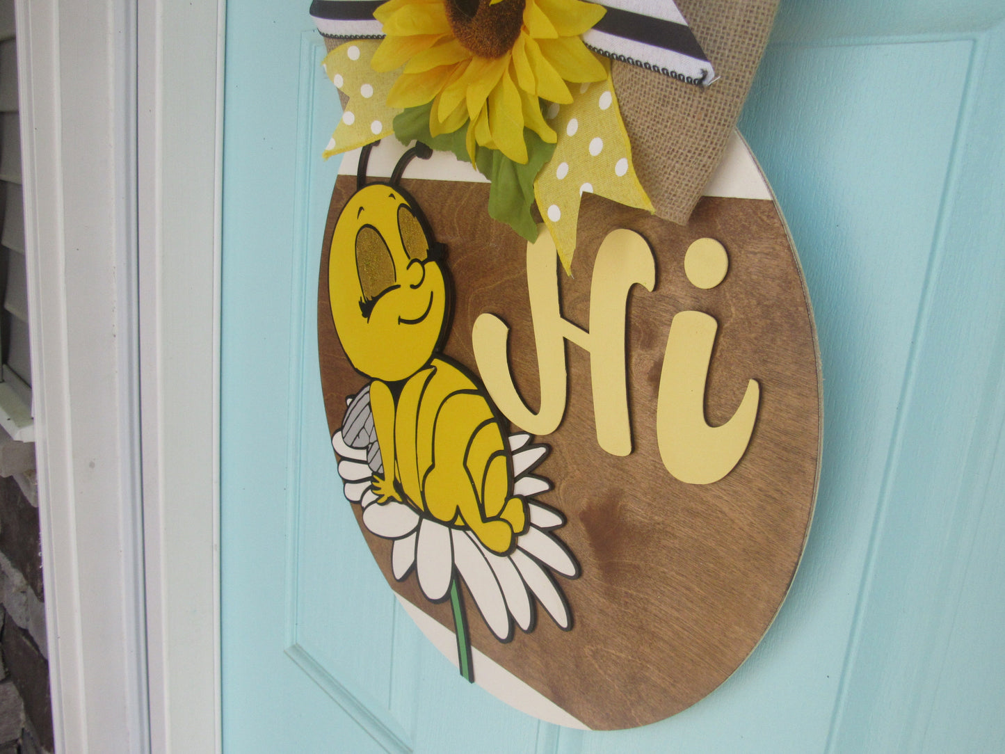 Bee Hi Wooden Door Hanger – Hand Painted 18" Round Welcome Door Sign