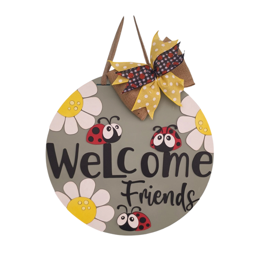 Ladybug Sign – Welcome Friends Door Hanger with Bow